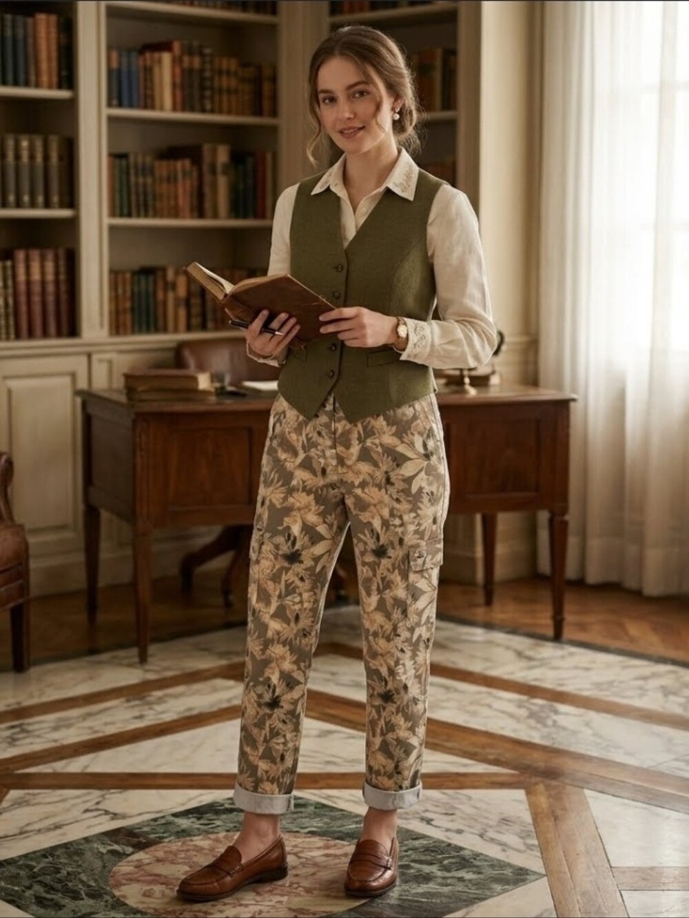 Chico's Beige and Gray Floral Chino Pants, Tropical Print Cro For Women.